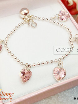 สร้อยข้อมือเงินแท้ สำหรับเด็ก ห้อยหัวใจสีชมพู หนา 1.2 มิล