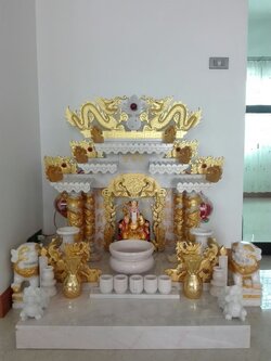 ตี่จู้หินอ่อน ตี่จู้เอี๊ยะ ขนาด 35 นิ้ว 4 เสา 5 หลังคา 8ปลา 8หงส์ 8มังกร หินสีขาวพ่นทอง