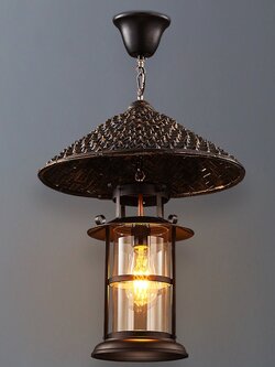 โคมไฟแขวนเพดานเหล็กสไตล์ย้อนยุคทรงหมวกฟางมีครอบแก้ว [LF-8710]