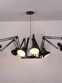 โคมไฟระย้าเหล็กแขวนเพดานสไตล์ American Industrial 9 ดวงสีดำ ขาโคมพับกางได้ [JND-044]