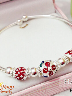 กำไลข้อมือเงินแท้ งานลงยาดอกไม้ ขอบแดง