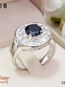 แหวนเงินแท้ 92.5% ประดับพลอยสีนิล เพชร cz รอบวง