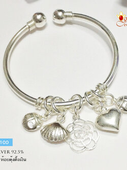 กำไลข้อมือเงินแท้ แบบเกลี้ยง ห้อยตุ้งติ้งเงิน (แบบโปร่งหนา ไม่ตัน) กำไลขยายได้