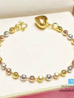 สร้อยข้อมือเงินแท้ 3 กษัตริย์ ลายบอลตัดลาย (งานไทย) ห้อยจี้หัวใจ ชุบทองแท้หนา 1 ไมครอน สร้อยสวยมาก