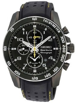Seiko Sportura Black Dial Black Leather Band Mens Watch SNAE67P1
