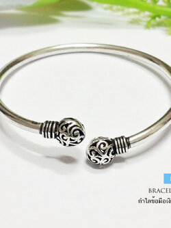 กำไลข้อมือเงินแท้ 92.5% แบบเกลี้ยง รมดำ หัวกำไลฉลุลายบาหลี (กำไลแบบโปร่งหนา ไม่ตัน) กำไลขยายได้