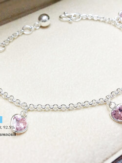 สร้อยข้อมือเงินแท้ 92.5% ลายผ่าหวาย ร้อยตุ้งติ้งหัวใจพลอยสีชมพู