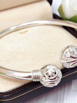 กำไลข้อมือเงินแท้ หัวกำไลสลักลายบาหลี ความหนา 3.5 มิล