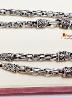 สร้อยเงินแท้ ลายโซ่ปั๊มลาย สร้อยห้อยพระ 5 องค์ งานรมดำ สร้อยงานไทย