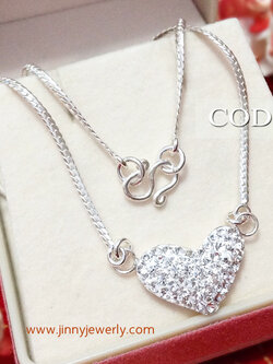 สร้อยคอเงินแท้ ลายแบน พร้อมจี้หัวใจประดับเพชร CZ