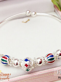 กำไลข้อมือเงินแท้ งานลงยาสีแดง น้ำเงิน และเขียว ความหนา 1.5 มิล