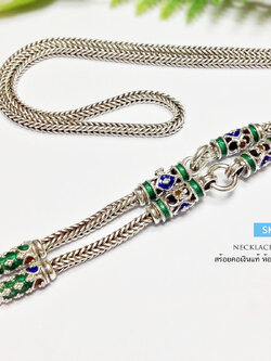 สร้อยคอเงินแท้ 99.9% งานสุโขทัย สร้อยห้อยพระ 3 องค์ งานลงยา - รมดำ ทั้งเส้น ลายดอกพิกุล