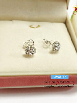 ต่างหูเงินแท้ 92.5% ต่างหูจิ๋ว บอลครึ่ง ประดับพลอยสีขาว