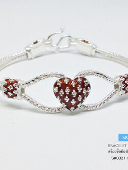 สร้อยข้อมือเงินแท้ 99.9% งานสุโขทัย ลงยาตรงกลางรูปหัวใจ สีแดง ลายดอกพิกุล