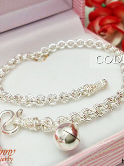 สร้อยข้อมือเงินแท้ 92.5% ลายห่วงคู่ หนัก 2 สลึงตัน ร้อยกระดิ่ง 1 ลูก สร้อยสวย แข็งแรง