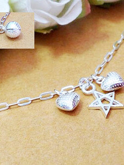 สร้อยข้อเท้าเงินแท้ ห้อยตุ้งติ้งหัวใจลาย และ ดาว (พร้อมกระดิ่ง 1 ลูก) หนา 1.2 มิล