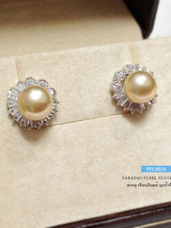 ต่างหูเงินแท้ มุกแท้เกรด A (มุกน้ำจืดแท้) เรือนเงินแท้ ประดับเพชร cz รอบวง สี อมส้ม