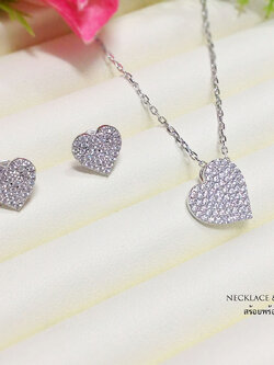 เซตสร้อยพร้อมจี้เงินหัวใจ และต่างหูหัวใจ ประดับเพชร cz