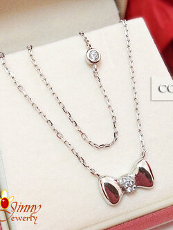 สร้อยเงินแท้ พร้อมจี้รูปโบว์ ประดับเพชร cz เม็ดเดี่ยว หนา 1.0 มิล
