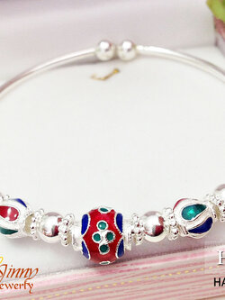 กำไลข้อมือเงินแท้ งานลงยาสีแดง น้ำเงิน และเขียว ความหนา 1.5 มิล