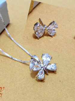 เซต จี้เงิน สร้อยคอและต่างหู รูปผีเสื้อ ประดับเพชร cz