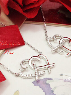 สร้อยเงินแท้ พร้อมจี้หัวใจคู่ ประดับเพชร cz งานละเอียดและสวยมาก