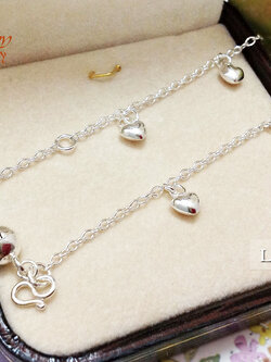 สร้อยข้อเท้าเงินแท้ ลายโซ่กลมห้อยตุ้งติ้งหัวใจ(พร้อมกระดิ่งตรงตะขอ 1 ลูก) หนา 1.2 มิล