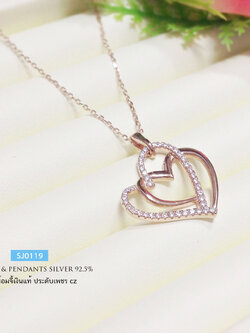 สร้อยเงินแท้พร้อมจี้ จี้หัวใจ 2 ดวงซ้อน ประดับเพชรสวิส cz (Pink gold)
