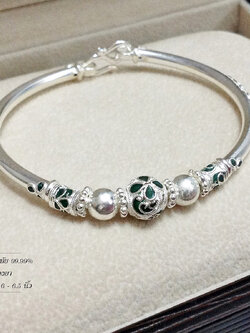 กำไลเงินแท้ 99.9% ประดับเม็ดปะคำ ลงยาสีเขียว งานสุโขทัย