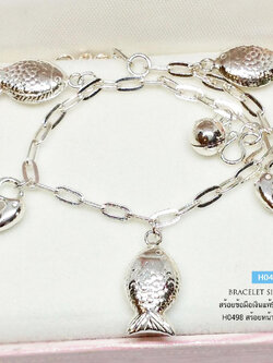 สร้อยข้อมือเงินแท้ 92.5% ลายโซ่เรือ ร้อยตุ้งติ้งกุญแจและปลา หนัก 2 สลึง (สร้อยงานไทย)