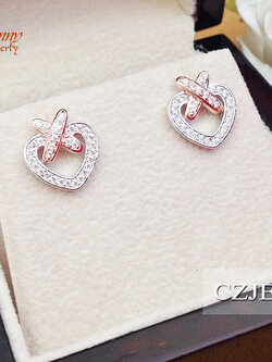 ต่างหูเงินแท้ รูปหัวใจ ประดับเพชร cz งานแซม PinkGold