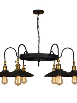 โคมไฟแขวนเพดานเหล็กโป๊ะโคมทรงร่มเล็กสีดำสไตล์วิจเทจ 6 ดวง