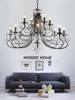 โคมไฟระย้าเหล็กดัดสีดำดวงไฟลายแท่งเทียนตกแต่งคริสตัลสไตล์อเมริกันโมเดิร์น [XD1176]