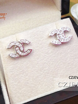 ต่างหูเงินแท้ 92.5% รูปตัว C ชนกัน ประดับเพชร cz