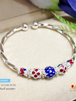 กำไลข้อมือเงินแท้ กำไลแบบเกลียว ลงยาลายไทย สีน้ำเงิน แดง เขียว