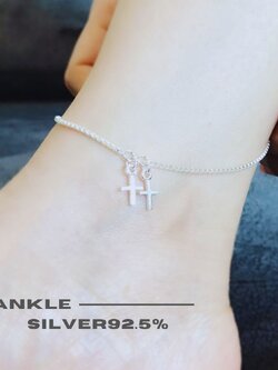 สร้อยข้อเท้าเงินแท้ 92.5% ลายกล่อง box ร้อยตุ้งติ้งไม้กางเขน น่ารักๆ พร้อมกระดิ่ง 1 ลูก (เรือนเงินแท้)