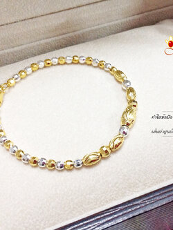 กำไลเงินแท้ 2 กษัตริย์ ลายบอลตัดลายสลับเม็ดปะคำ ชุบหนา 1 ไมครอน