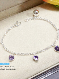 สร้อยข้อมือเงินแท้ 92.5% ลายห่วงคู่ ห้อยตุ้งติ้ง หัวใจสีม่วง