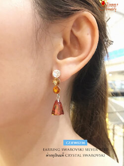 ต่างหูเงินแท้ ต่างหู คริสตัล Crystal สีส้ม เหลือง ขาว แบบแป้นเสียบ ระย้า