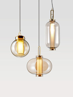 โคมไฟแขวนเพดานแก้วโทนสีชาโครงสีทองเหลืองมีตัวกรองแสงด้านใน [GF-122155]