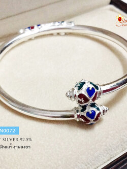 กำไลข้อมือเงินแท้ 92.5% งานลงยาตรงหัวกำไล และ ด้านข้าง สีแดง น้ำเงิน และเขียว