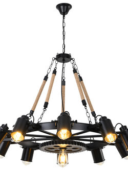 โคมไฟแขวนเพดานเหล็กสีดำสไตล์ Industrial ทรงกลมวงล้อตกแต่งลายเฟืองเครื่องจักรและเชือก [B0035-1-C]