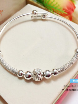 กำไลข้อมือเงินแท้ ร้อยเม็ดเงินอิตาลีตรงกลาง (ขยายความกว้างได้)