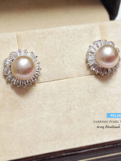 ต่างหูเงินแท้ มุกแท้เกรด A (มุกน้ำจืดแท้) เรือนเงินแท้ ประดับเพชร cz รอบวง สีชมพูมุก