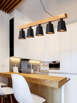 โคมไฟแขวนเพดานไม้ 5 ดวงทรงยาวโป๊ะโคมสีดำ SH-XD-003