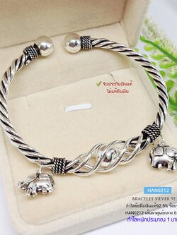 กำไลข้อมือเงินแท้ 92.5% กำไลเกลียว ร้อยตุ้งติ้ง ช้าง รมดำ งานทำมือสวยๆ บีบเข้าหรือขยายได้ (รับประกันเงินแท้)