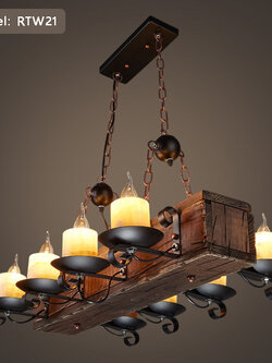 โคมไฟแขวนเพดานไม้หมอนสไตล์ Rustic ตกแต่งแท่งเทียนแก้วขาวขุ่น 8 ดวง พร้อมสายโซ่ห้อย [RTW21]