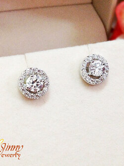 ต่างหูเงินแท้ ก้านเสียบประดับเพชร CZ เม็ดเดี่ยวล้อมเพชร cz รอบวง