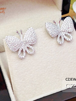 ต่างหูเงินแท้ รูปผีเสื้อ ประดับเพชร cz งานฝังแบบละเอียด