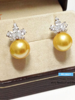 ต่างหูเงินแท้ มุกแท้เกรด A (มุกน้ำจืดแท้) เรือนเงินแท้ ประดับเพชร cz สีส้มเหลือง